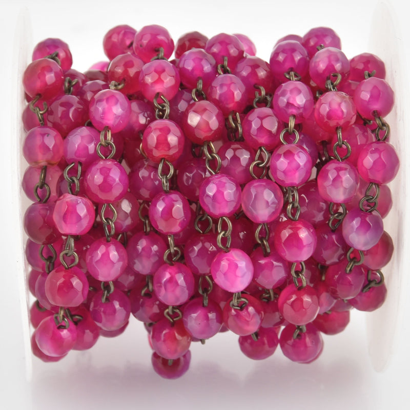 1 yard HOT PINK GEMSTONE Rosary Chain, Bronze, 8mm round faceted agate beads Fch1077a