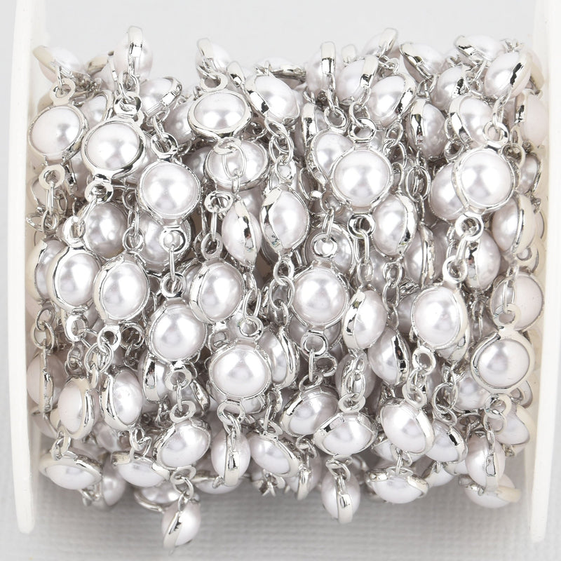 5 yards Silver 6mm Pearl Rosary Chain, faux pearls, white gold plated, fch1078b