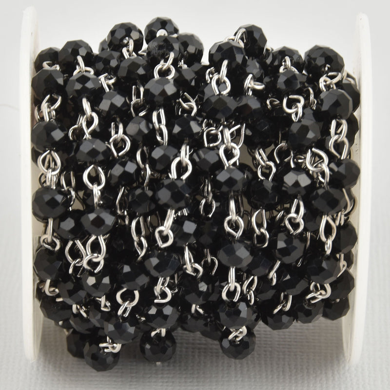 1 yard Black 6mm Crystal Rosary Chain, silver, rondelle crystal beads, fch1081a