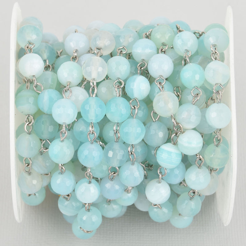 1 yard 8mm Robins Egg BLUE AGATE Rosary Chain, silver wire, fch1084a