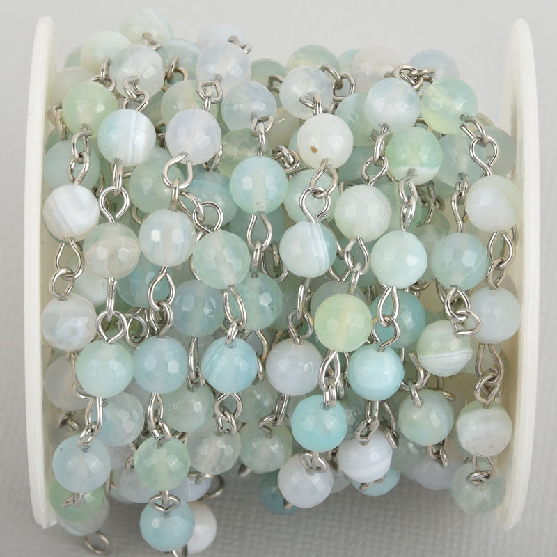 1 yard 6mm Robins Egg BLUE AGATE Rosary Chain, silver wire, fch1087a