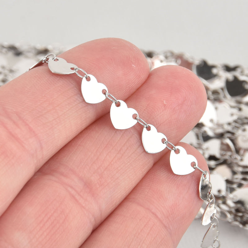 18k Platinum Plated Heart Chain, Silver 6mm hearts, Hypoallergenic fch1094