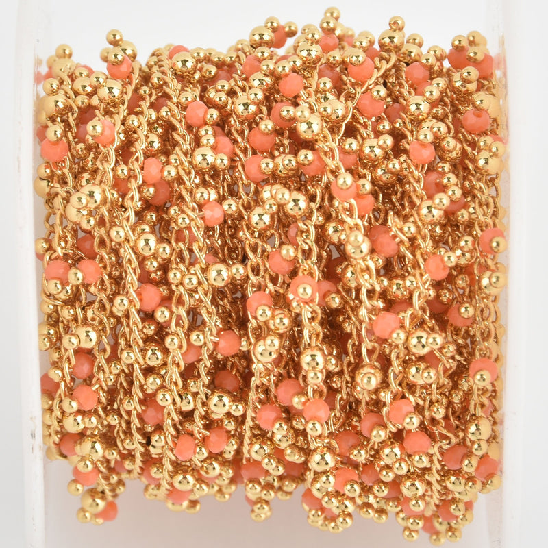 1 yard Coral Crystal Shaker Chain, bright gold wire loops, 2.5mm Rondelle Bead Charm Dangles fch1107a