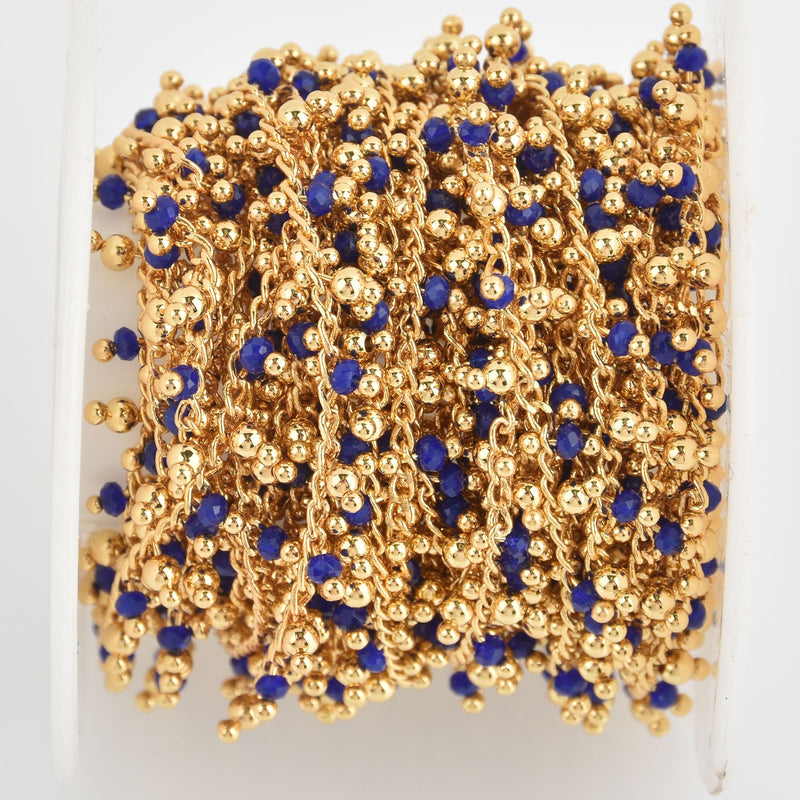 1 yard Royal Blue Crystal Shaker Chain, gold wire loops, 2.5mm Rondelle Bead Charm Dangles fch1113a