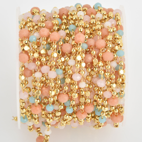 6+ yards Crystal Bead Chain, Peach Blue Gold Pink, 4mm, fch1117b
