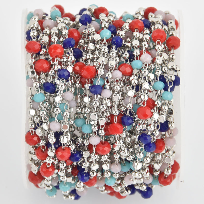 1 yard Crystal Bead Chain, Silver Red White Blue, 4mm, fch1120a