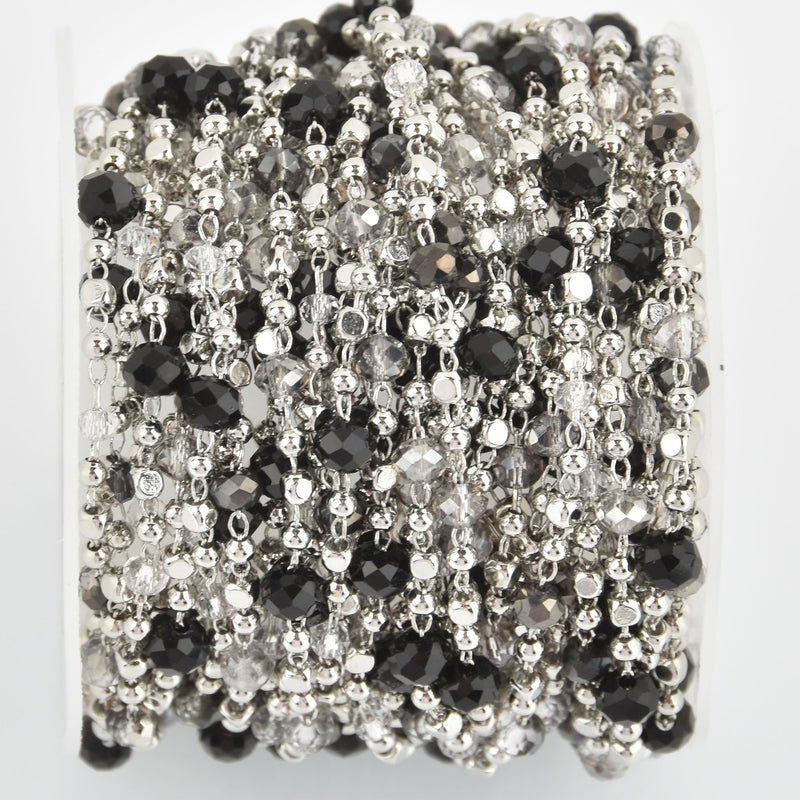 1 yard Crystal Bead Chain, Silver Black Gray Clear, 4mm, fch1122a