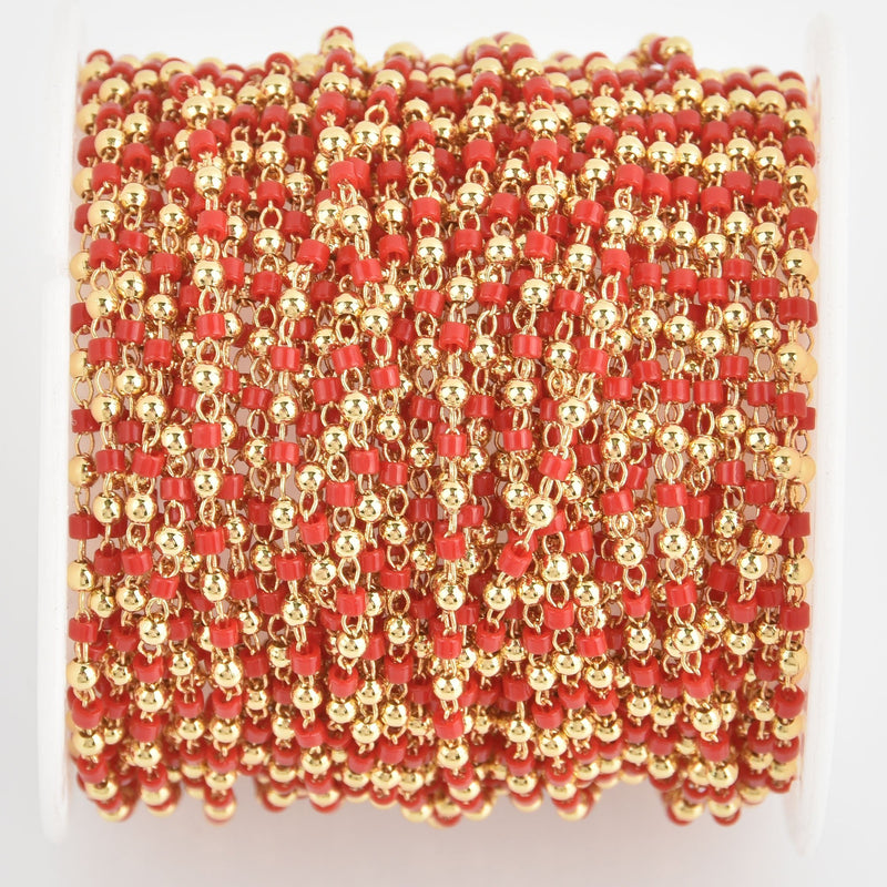 1 yard 2mm Seed Bead Chain, Glass Gold Red, fch1129a