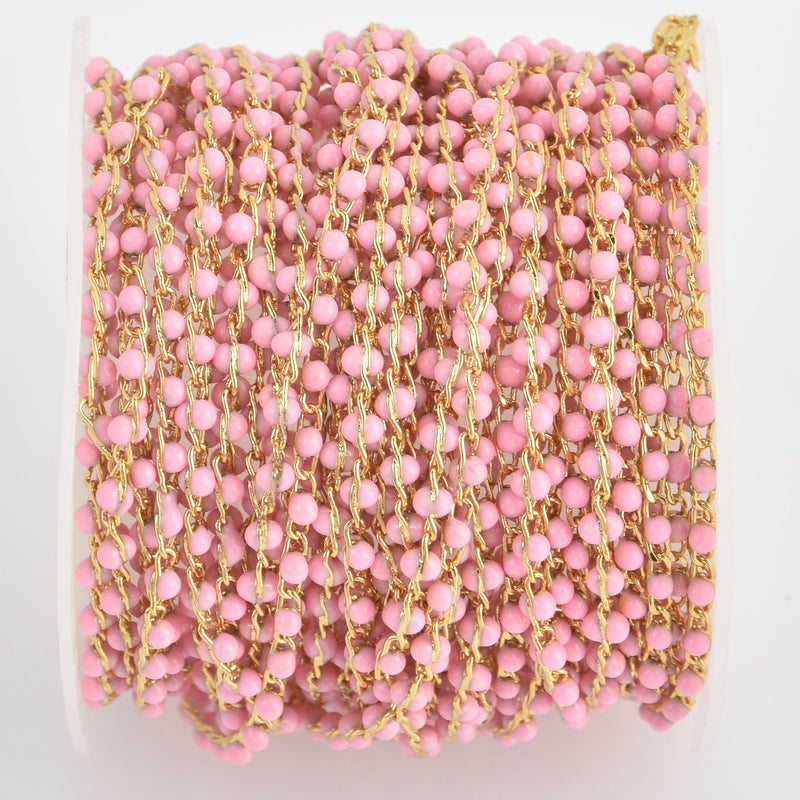 1 yard 2mm Bead Chain, Pink Enamel Beads, Gold Wire, fch1130a