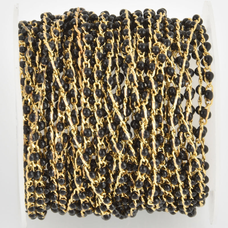 1 yard 2mm Bead Chain, Black Enamel Beads, Gold Wire, fch1131a