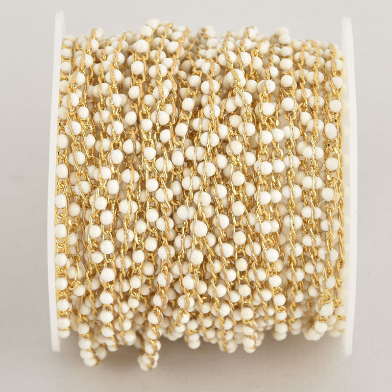 1 yard 2mm Bead Chain, White Enamel Beads, Gold Wire, fch1133a