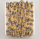 5 yards Dark GRAY Crystal Rosary Bead Chain, Gold double wrapped wire, 4mm faceted rondelle glass beads, fch1135b