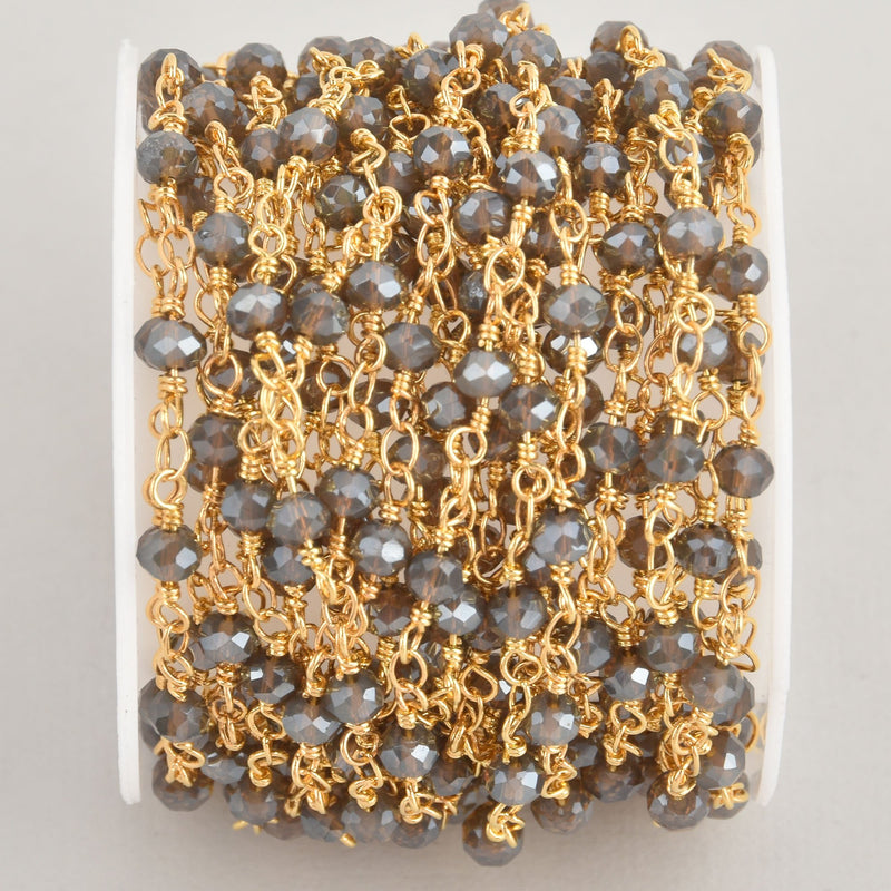 5 yards Dark GRAY Crystal Rosary Bead Chain, Gold double wrapped wire, 4mm faceted rondelle glass beads, fch1135b