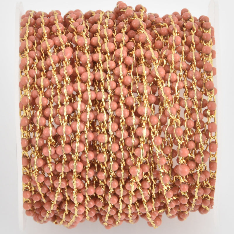 1 yard 2mm Bead Chain, Coral Pink Enamel Beads, Gold Wire, fch1137a