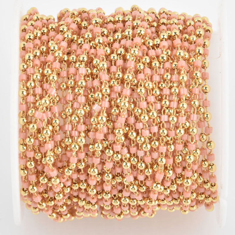 1 yard 2mm Seed Bead Chain, Glass Gold Light Pink, fch1144a