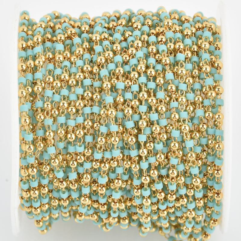 1 yard 2mm Seed Bead Chain, Glass Gold Turquoise Blue, fch1145a