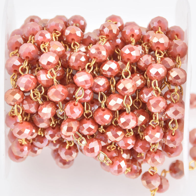1 yard 8mm Crystal Rosary Chain, Tomato Red, gold wire, 8mm faceted rondelle glass beads fch1170a