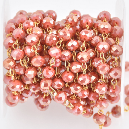 13 feet 8mm Crystal Rosary Chain, Tomato Red, gold wire, 8mm faceted rondelle glass beads fch1170b