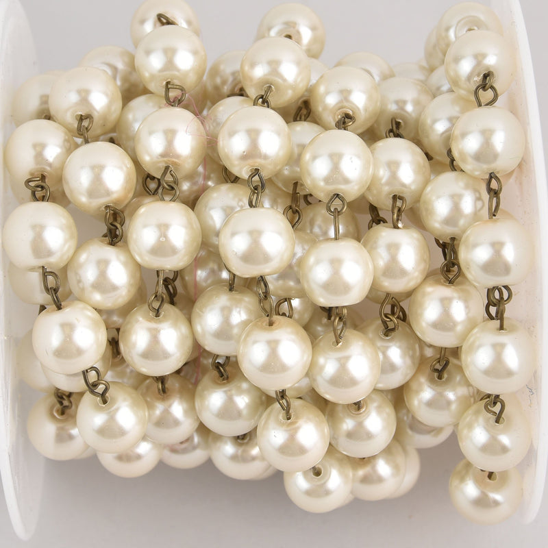 10 feet 12mm Ivory Cream Pearl Rosary Chain, bronze wire, round glass pearl beads, fch1173b