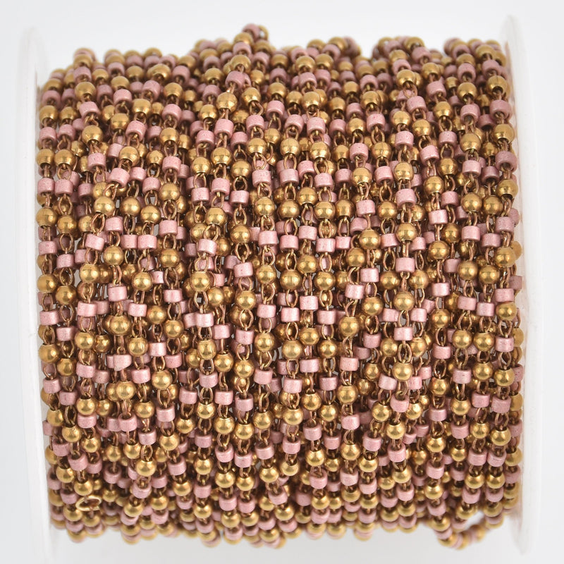 1 yard 2mm Seed Bead Chain, Glass Gold Rose Pink, fch1175a