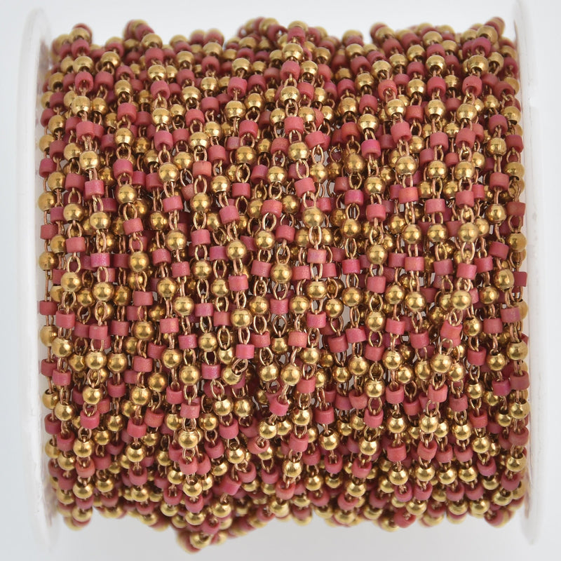 1 yard 2mm Seed Bead Chain, Glass Gold Tomato Red, fch1176a