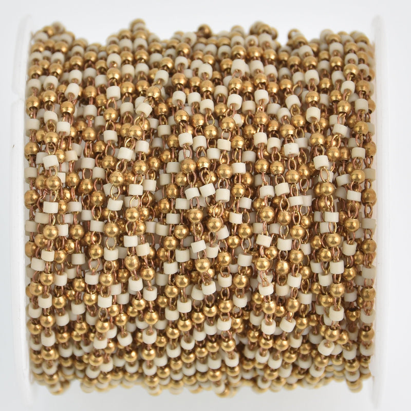 1 yard 2mm Seed Bead Chain, Glass Gold Matte White, fch1178a