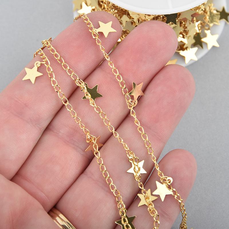 1 yard GOLD STAR Chain, Metal Sequin Chain, brass chain, 8mm flat star shapes, fch1181a