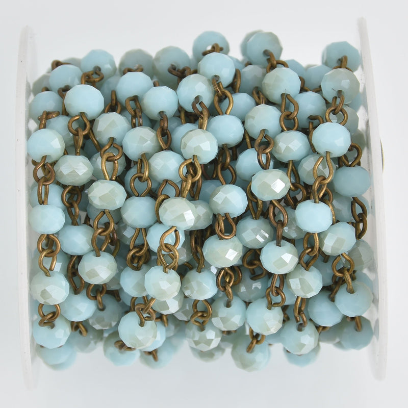1 yard 6mm Blue and Tan Crystal Rosary Bead Chain, bronze wire, rondelle faceted crystal beads, fch1190a
