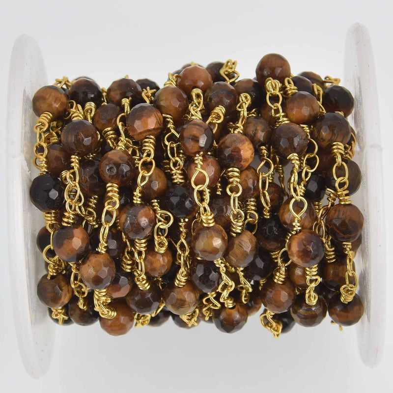 1 yard Tiger Eye Gemstone Rosary Chain, gold double wrap, 6mm round gemstone beads fch1194a