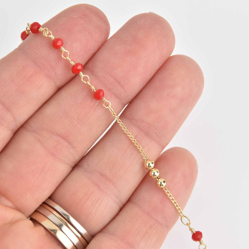 1 yard 3mm Bead Chain, Gold and Red Crystals, fch1196a