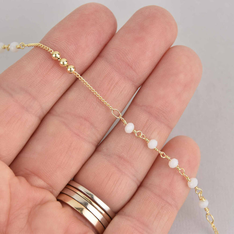 1 yard 3mm Bead Chain, Gold and White Crystals, fch1199a