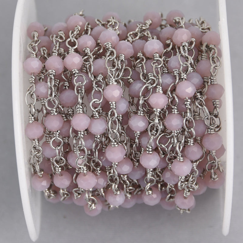 13 ft Mauve Opal Crystal Rosary Bead Chain, Silver double wrapped wire, 4mm faceted rondelle glass beads, fch1203b
