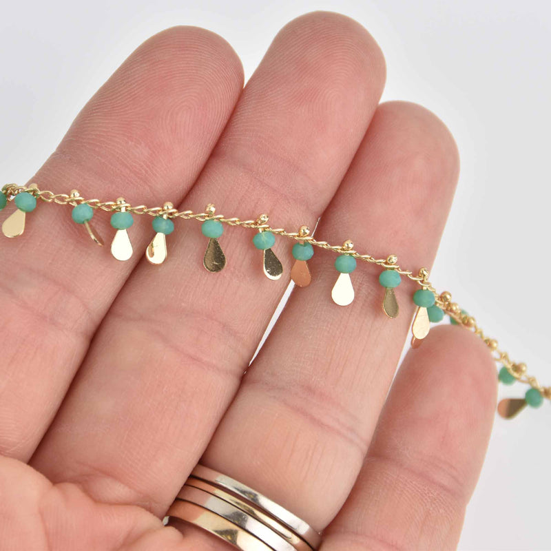 1 yard MINT GREEN Crystal Bead Chain, bright gold wire loops, Teardrop Charm Dangles fch1205a