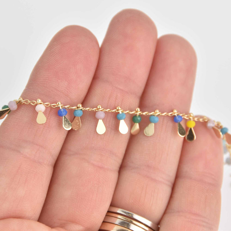 1 yard RAINBOW Crystal Bead Chain, bright gold wire loops, Teardrop Charm Dangles fch1207a