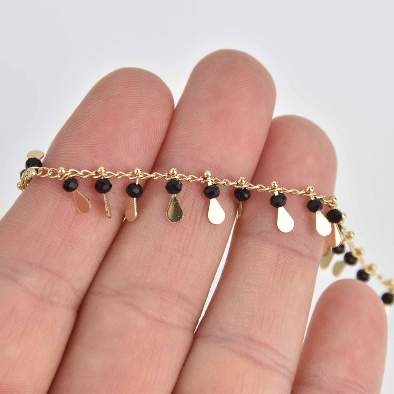 1 yard BLACK Crystal Bead Chain, bright gold wire loops, Teardrop Charm Dangles fch1208a