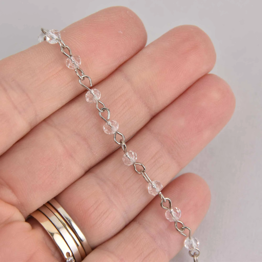 CLEAR Crystal Rosary Chain, silver links, 4mm rondelle faceted crystal beads fch1215