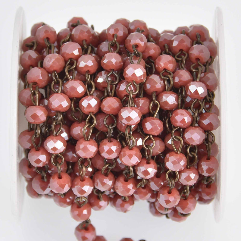 1 yard 6mm TOMATO RED Crystal Rondelle Rosary Chain, bronze wire, faceted rondelle glass beads, fch1258a