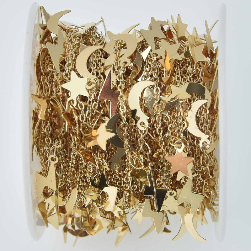 1 yard Gold Charm Chain, Star Moon Lightning Bolt Sequin Chain, brass chain, fch1261a