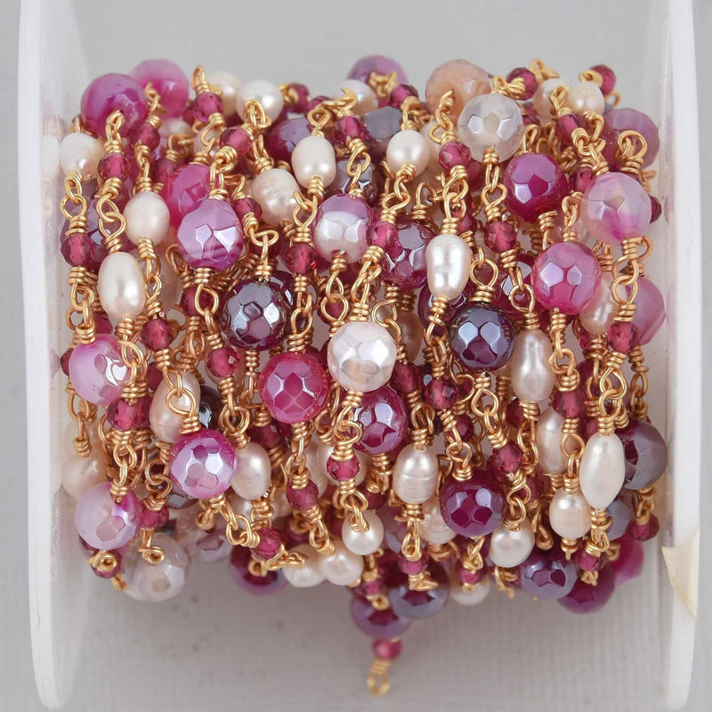 1 yard Pearl and Sardonyx Rosary Chain, GOLD links, Hot Pink 6mm round gemstone beads, fch1264a