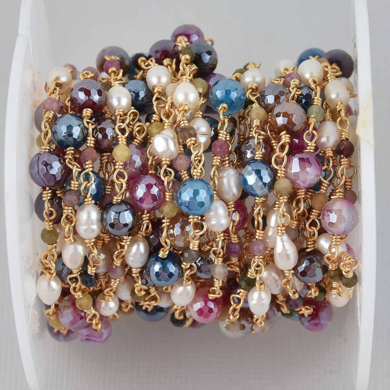 1 yard Pearl and Sardonyx Rosary Chain, GOLD links, Multicolor 6mm round gemstone beads, fch1265a