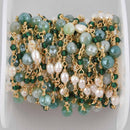 1 yard Pearl and Sardonyx Rosary Chain, GOLD links, Green 6mm round gemstone beads, fch1266a