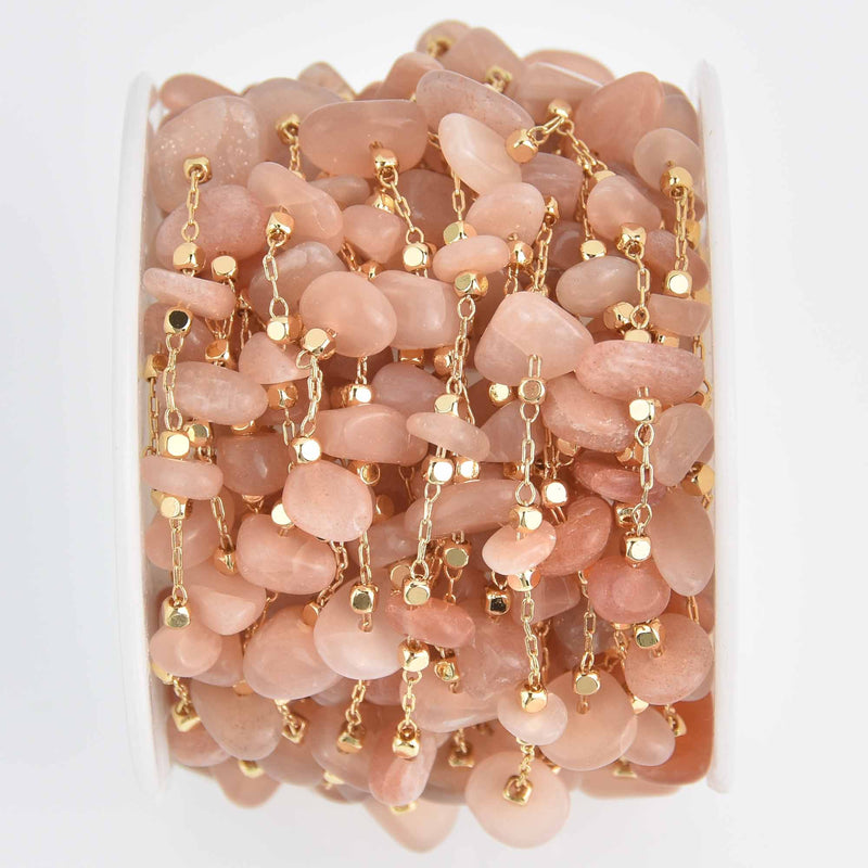 1 yard PEACH MOONSTONE Rosary Chain, gold links, gemstone chips beads, fch1268a