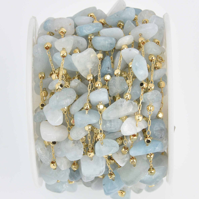 1 yard AQUAMARINE Rosary Chain, gold links, gemstone chips beads, fch1269a