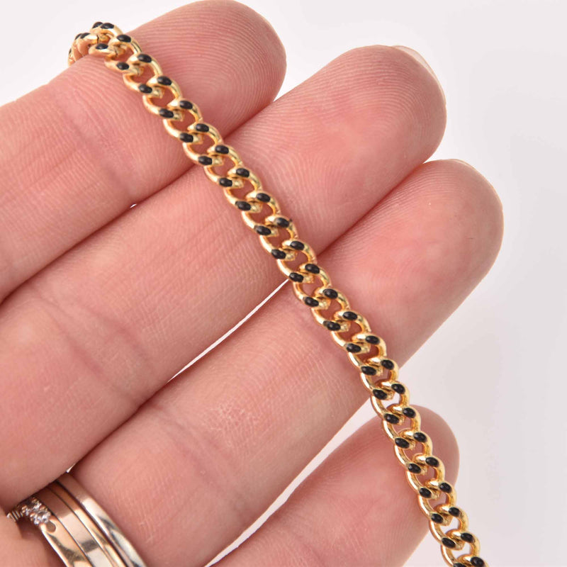 1 yard Black Chain, Enamel Coated and Gold Plated, Curb Link, 6mm links, fch1283a