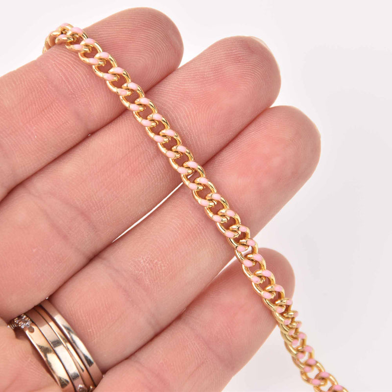 1 yard Pink Chain, Enamel Coated and Gold Plated, Curb Link, 6mm links, fch1286a