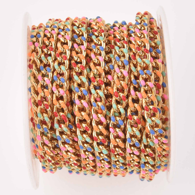 1 yard Multicolor Chain, Primary Colors Enamel Coated, Gold Plated Curb Link, 6mm links, fch1288a