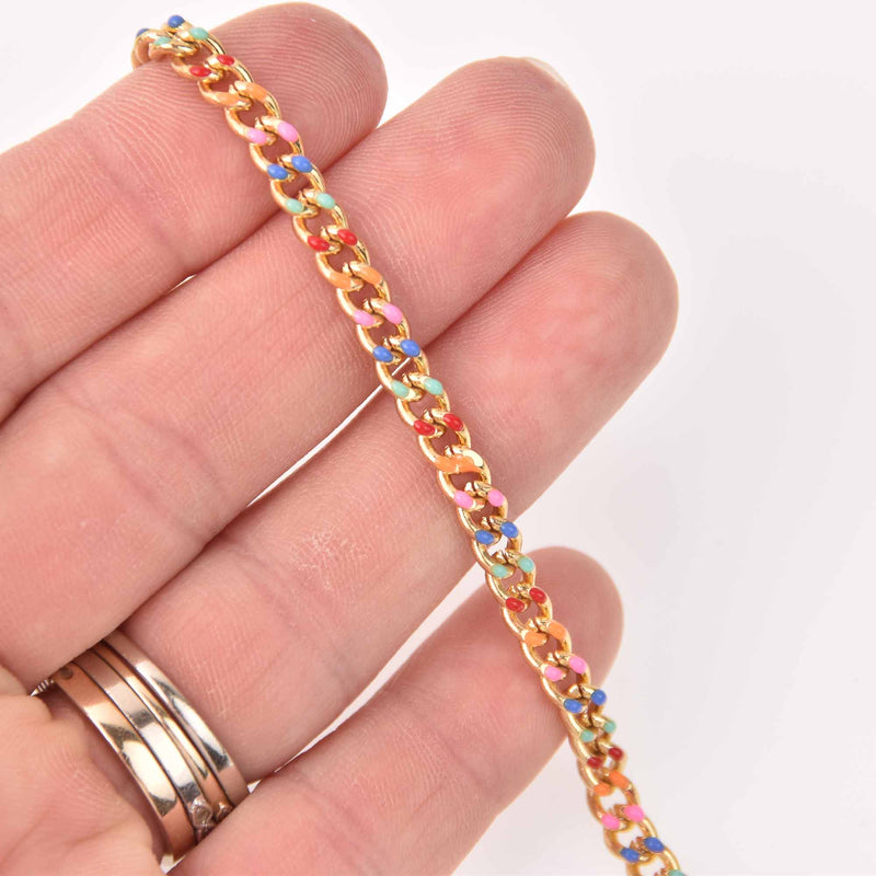 1 yard Multicolor Chain, Primary Colors Enamel Coated, Gold Plated Curb Link, 6mm links, fch1288a