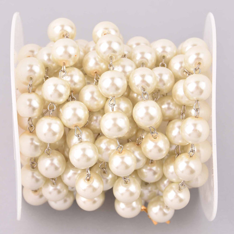 10 feet 12mm Ivory Cream Pearl Rosary Chain, silver wire, round glass pearl beads, fch1293b