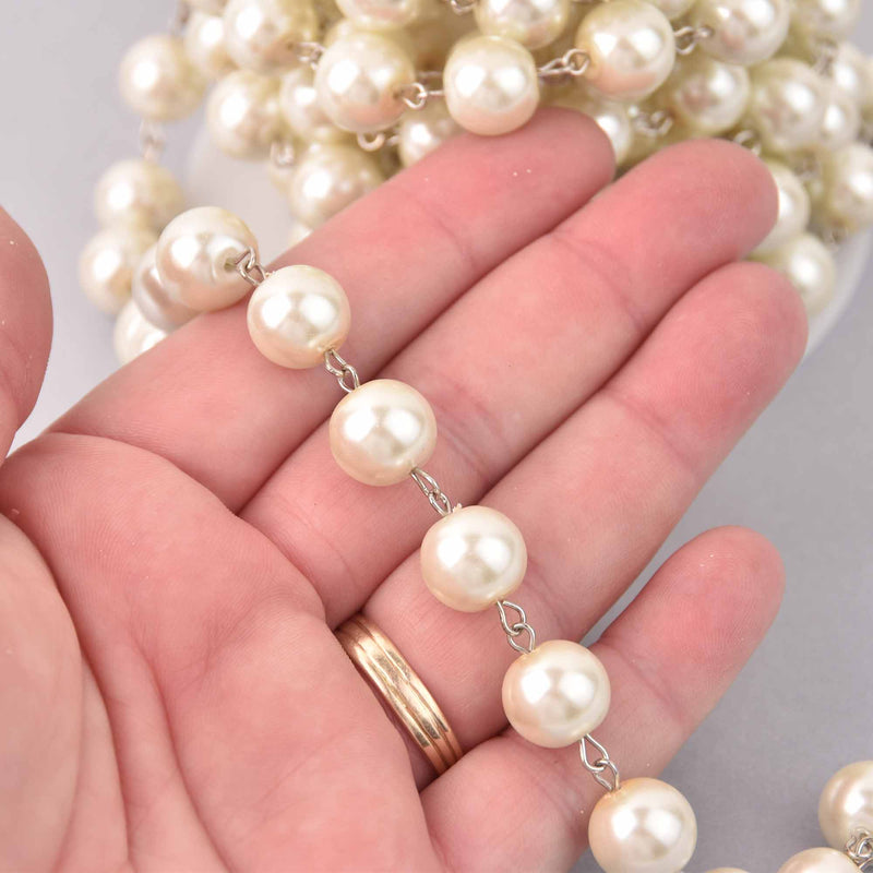 1 yard 12mm Ivory Cream Pearl Rosary Chain, silver wire, round glass pearl beads, fch1293a