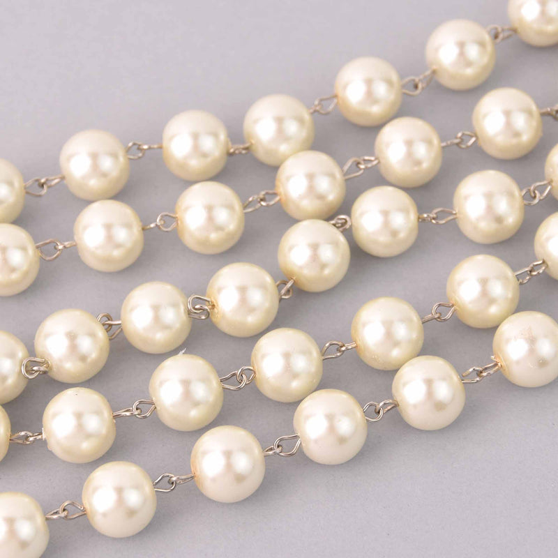 1 yard 12mm Ivory Cream Pearl Rosary Chain, silver wire, round glass pearl beads, fch1293a